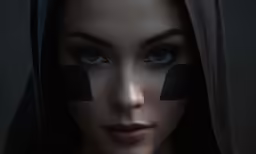a close - up photo of a woman with a black blindfold on her face