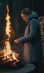girl at night about to roast marshmallows on a fire