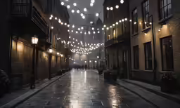 the street is lighted by several lights as people walk