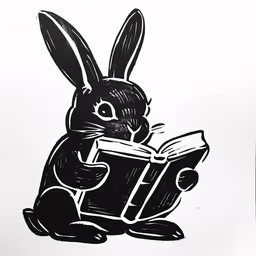 rabbit reading a book and looking up,an illustration of the bunny rabbit reading a book