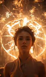 a woman in brown shirt standing next to fireworks