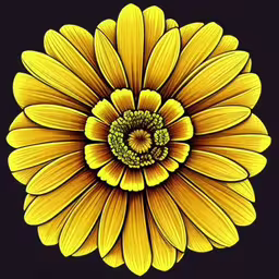 the petals of this sunflower are arranged in a circle,an illustration of a yellow sunflower against a black background