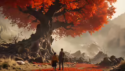 two people standing under an orange tree in a desert