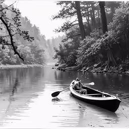 a boat with two people sits in a lake