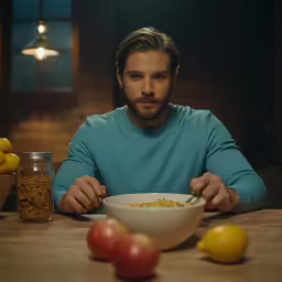 a man holding his hands in front of a bowl with food on it
