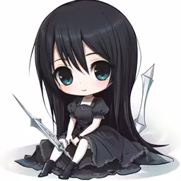 a drawing of a young lady with long black hair, holding a sword and sitting on the floor