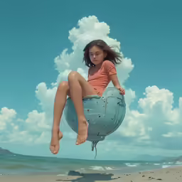 a young girl flying through the air on top of an inflatable heart