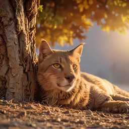 a cat that is laying down next to a tree