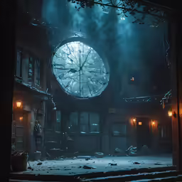 a giant clock is lit up by street lights