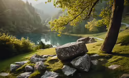 rocks in the grass near trees by a lake