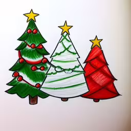 some pictures of three trees on a piece of paper,drawing of three christmas trees with stars and red balls,an image of three christmas trees drawn by colored pencils,a drawing of christmas trees on a white background,three hand drawn christmas trees sitting side by side