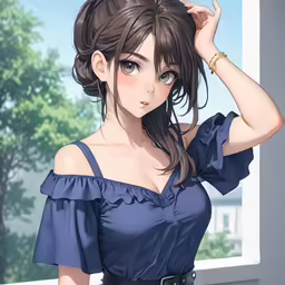 a girl wearing a dress with blue eyes