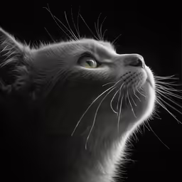 a cat in a black background looks upward
