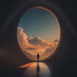 a man stands in the end of a tunnel under a cloudy sky