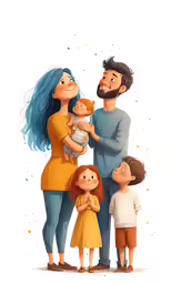 an animated painting shows a young family with their baby