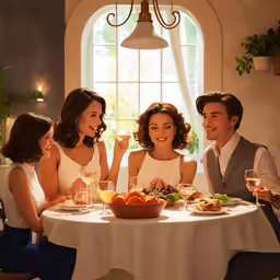 a group of people sitting around a table eating and drinking wine