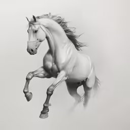 a horse running across a white surface
