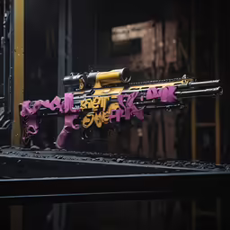 a purple and yellow water rifle sitting on top of a wooden floor