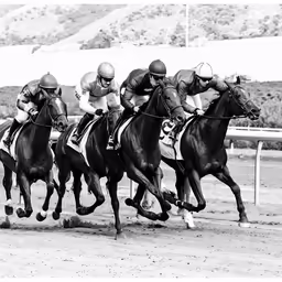black and white photograph of horses racing on track