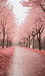 a long, wet path is shown with many trees