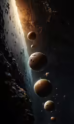 an abstract background with space and planets, one small and third large