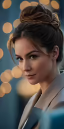 a woman with a messy top knot on her head