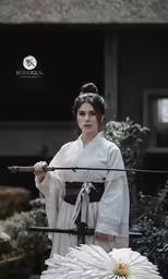 an asian woman in traditional dress, holding a sword in front of a large bouquet