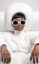 a woman with sunglasses on is sitting down