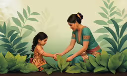 an image of a mother and her daughter in front of plants