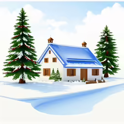 there is a blue roof house near some pine trees