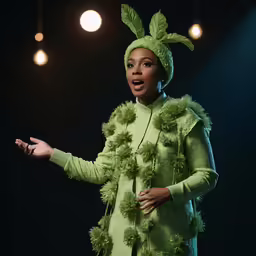 an african american model in an elaborate green outfit on stage