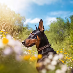 a dog sitting in the grass, staring at something