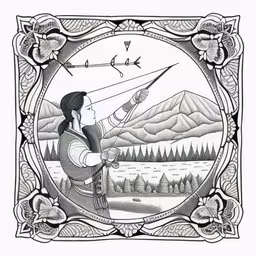an illustration with the man in a black and white costume holding a bow while standing next to a lake,a drawing of a woman in front of a picture