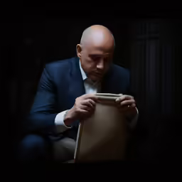 a bald man with an elegant dark suit looking at a phone