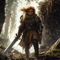 a female elf in a dark forest holding a sword