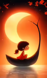 a cartoon girl sitting on a boat at night
