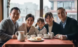 two women and three children posing for a photo while sitting at a table with tea cups
