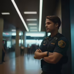 the police officer stands in front of a hall and lobby