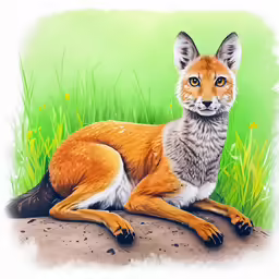 a fox sits on the ground beside some grass