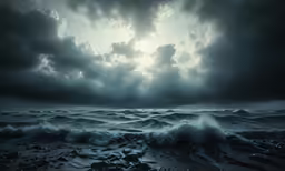 there is a dark ocean with clouds and waves
