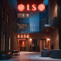 a dimly lit atrium with lounge chairs and neon lights
