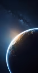 the earth in space, with some lights on and stars around it