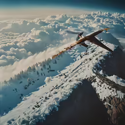 an airplane flying above the clouds over mountains