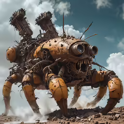 a giant crab made out of scrap metal in the desert