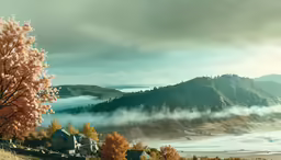 fog rolls over the mountain with a house surrounded by trees