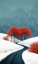 an image of a snow covered street going through trees