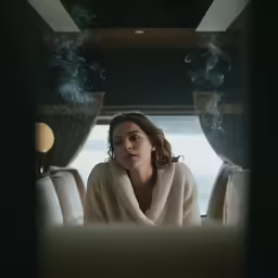 woman wrapped in towel sitting on the back of a train