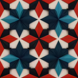 abstract geometric design made up of several blue, red and white umbrellas