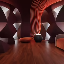 a room with red walls and white curved walls
