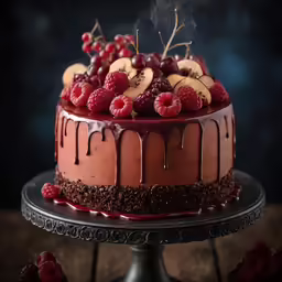 a cake topped with berries and raspberries and topped with chocolate glaze